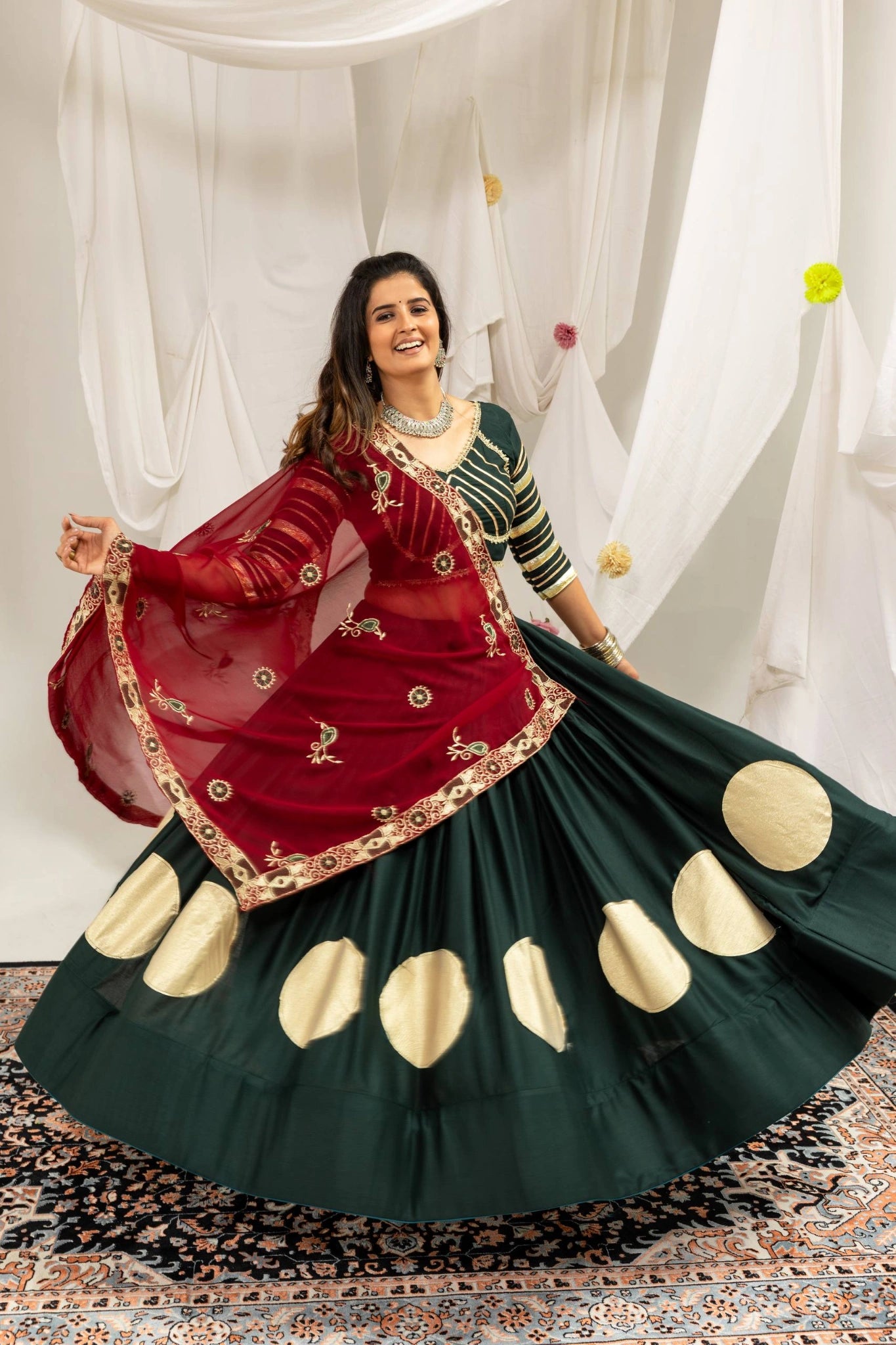 Dark Green Gota Work Lehenga Full Front View – KL202 – Kalyanja